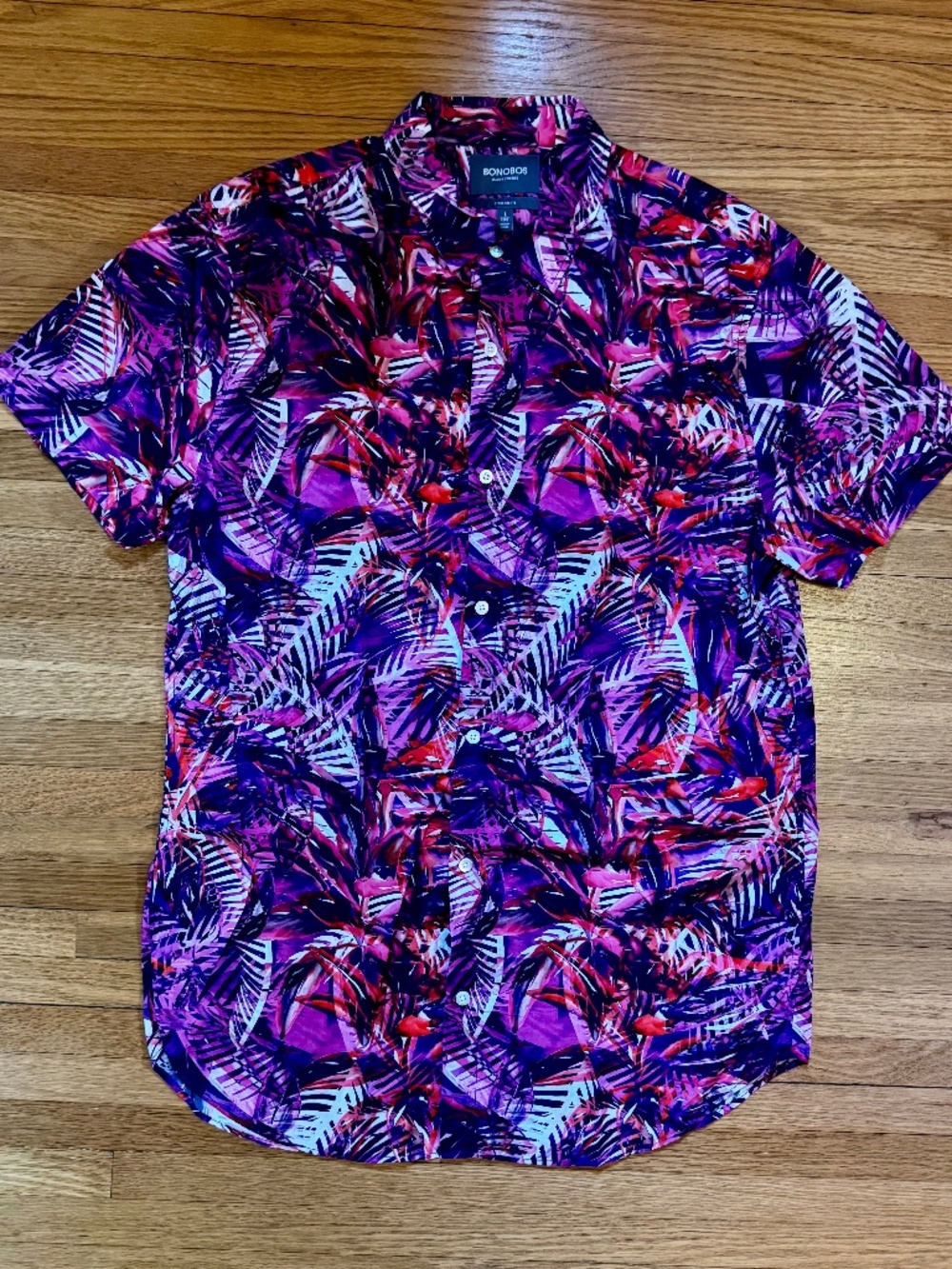 Bonobos Mens Short Sleeve Large Long Tall Tropical Leaf Print Shirt Pink Purple